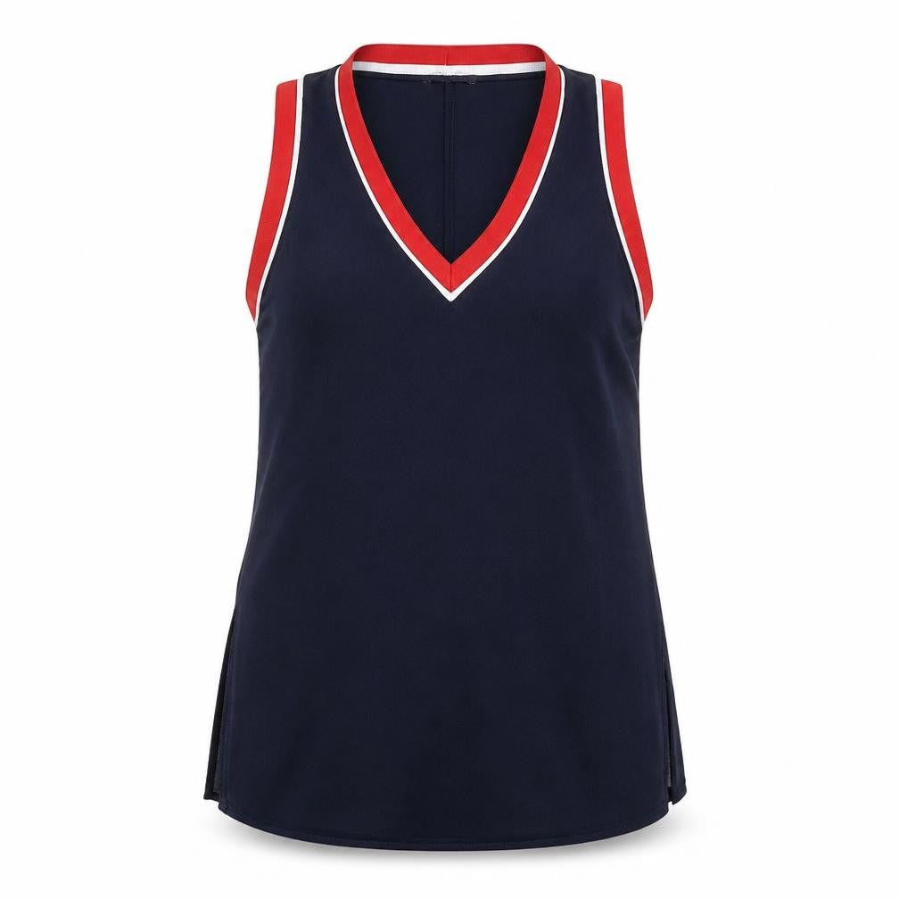 Front view of Limited Edition women’s blue polyester basic tank, size UK 6, v-neck - blouse, elastic stripe detail