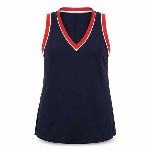 Front view of Limited Edition women’s blue polyester basic tank, size UK 6, v-neck - blouse, elastic stripe detail
