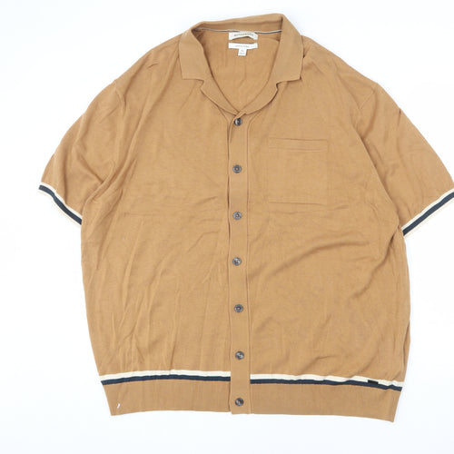 Autograph Mens Brown Collared Cotton Cardigan Jumper Size 3XL Short Sleeve - Stripe Detail