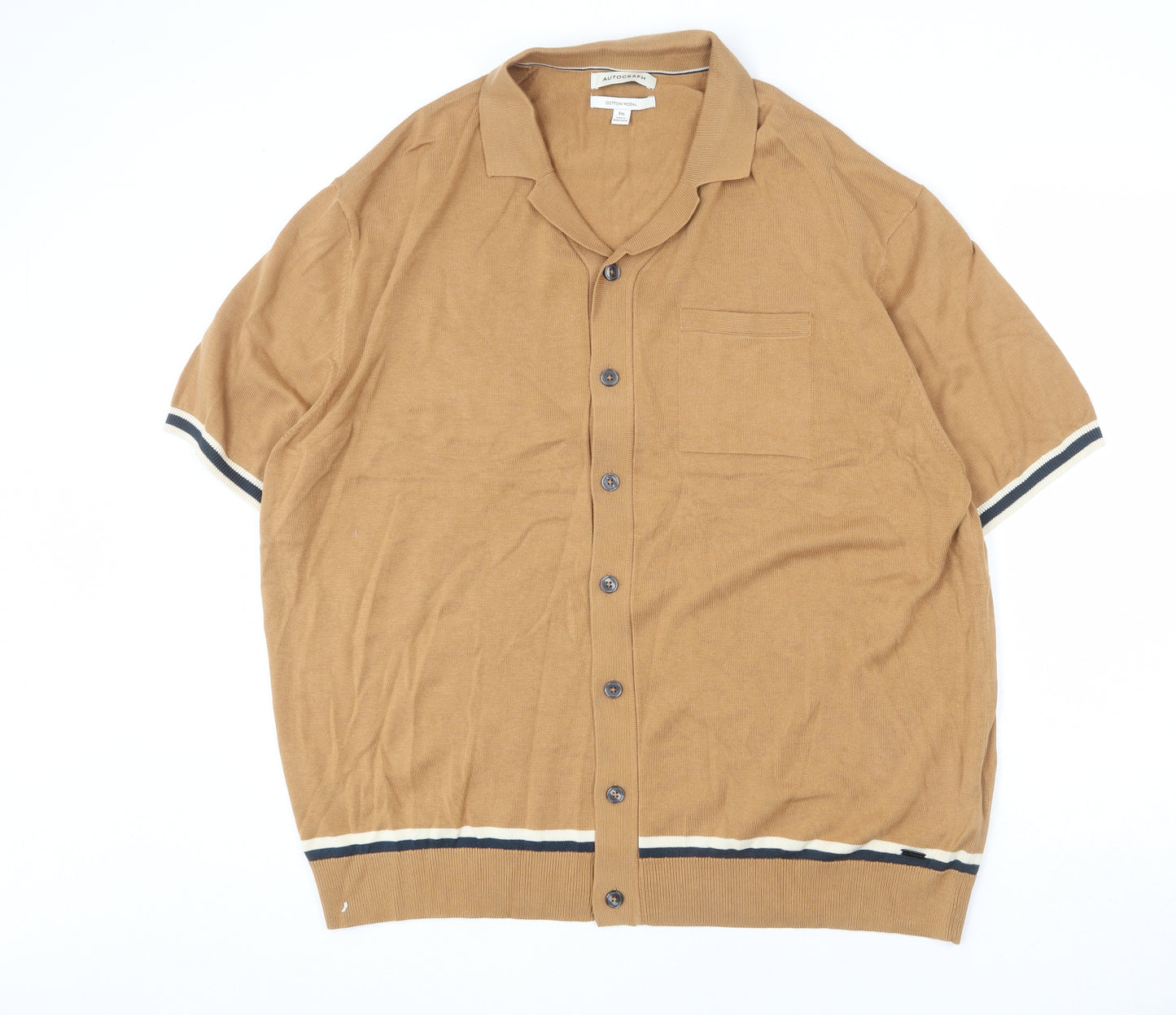 Autograph Mens Brown Collared Cotton Cardigan Jumper Size 3XL Short Sleeve - Stripe Detail