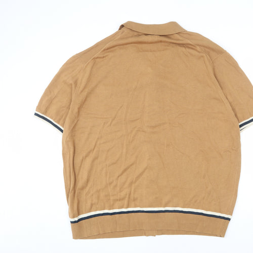 Autograph Mens Brown Collared Cotton Cardigan Jumper Size 3XL Short Sleeve - Stripe Detail
