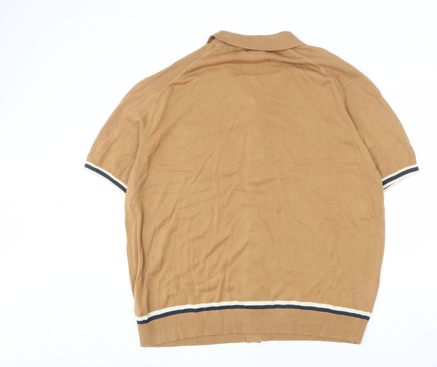 Autograph Mens Brown Collared Cotton Cardigan Jumper Size 3XL Short Sleeve - Stripe Detail