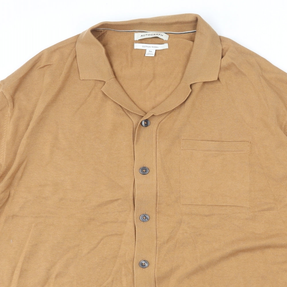 Autograph Mens Brown Collared Cotton Cardigan Jumper Size 3XL Short Sleeve - Stripe Detail