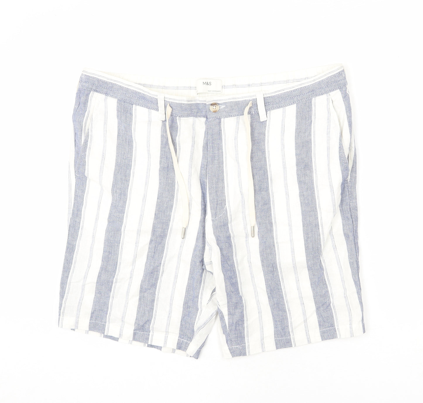 Marks and Spencer Mens Blue Striped Linen Bermuda Shorts Size 42 in L9 in Regular Zip - Drawstring