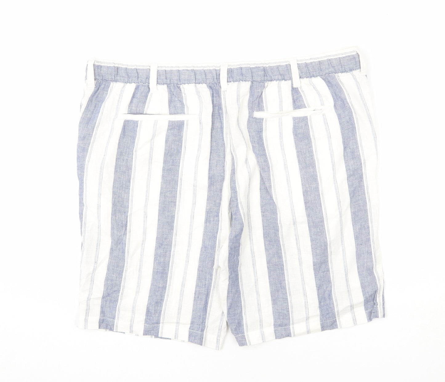 Marks and Spencer Mens Blue Striped Linen Bermuda Shorts Size 42 in L9 in Regular Zip - Drawstring