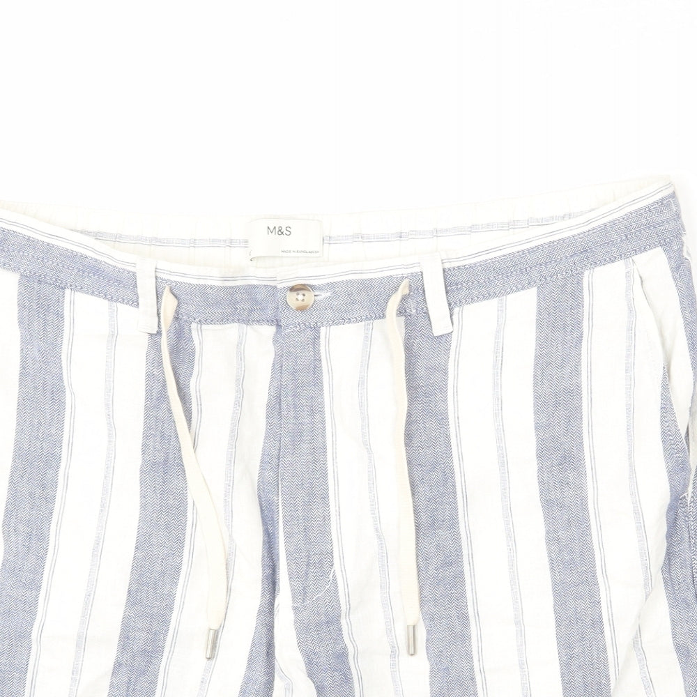 Marks and Spencer Mens Blue Striped Linen Bermuda Shorts Size 42 in L9 in Regular Zip - Drawstring