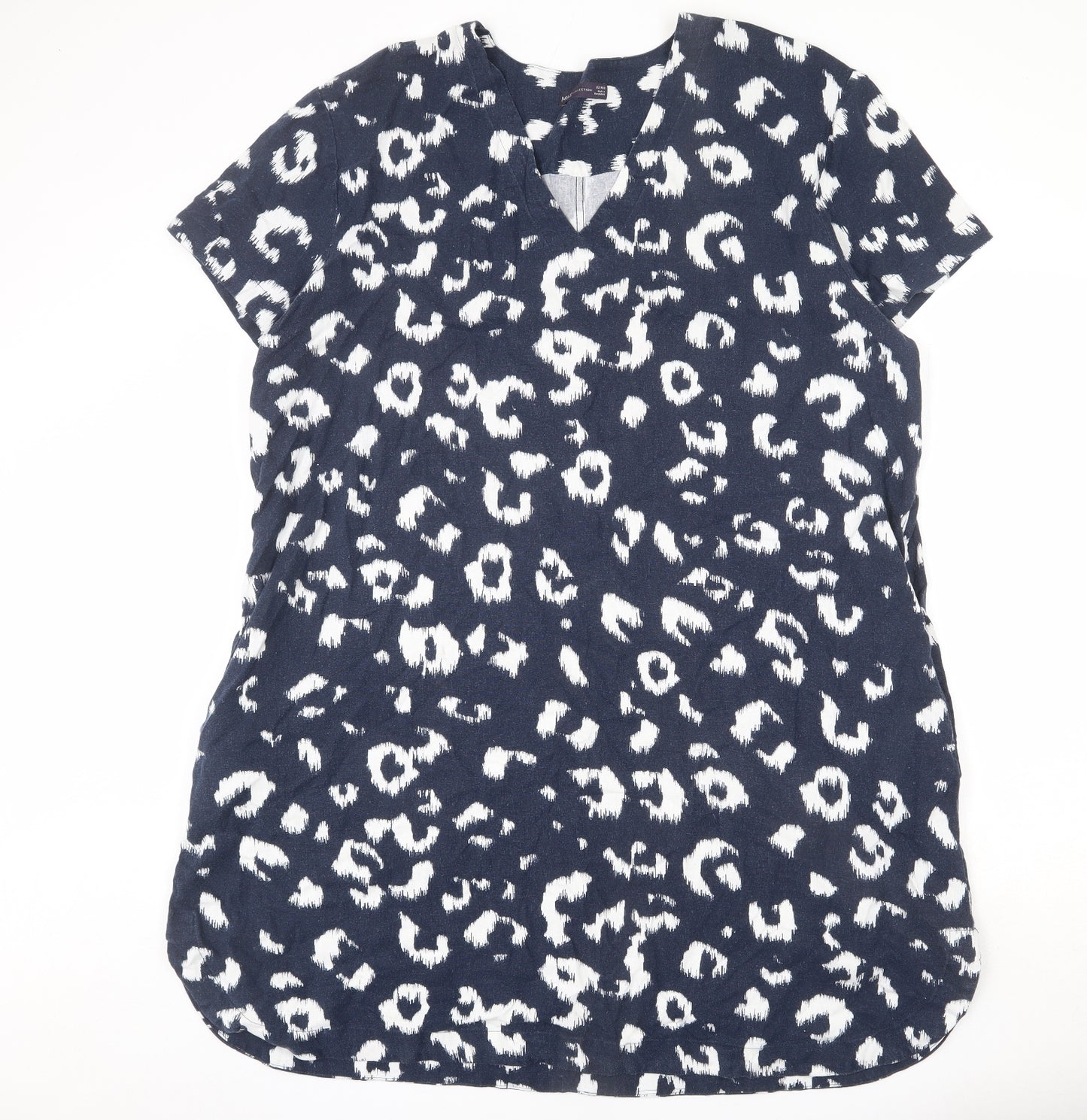 Marks and Spencer Womens Blue Animal Print Linen A-Line Size 22 V-Neck Pullover - Side Slits, Leopard Print