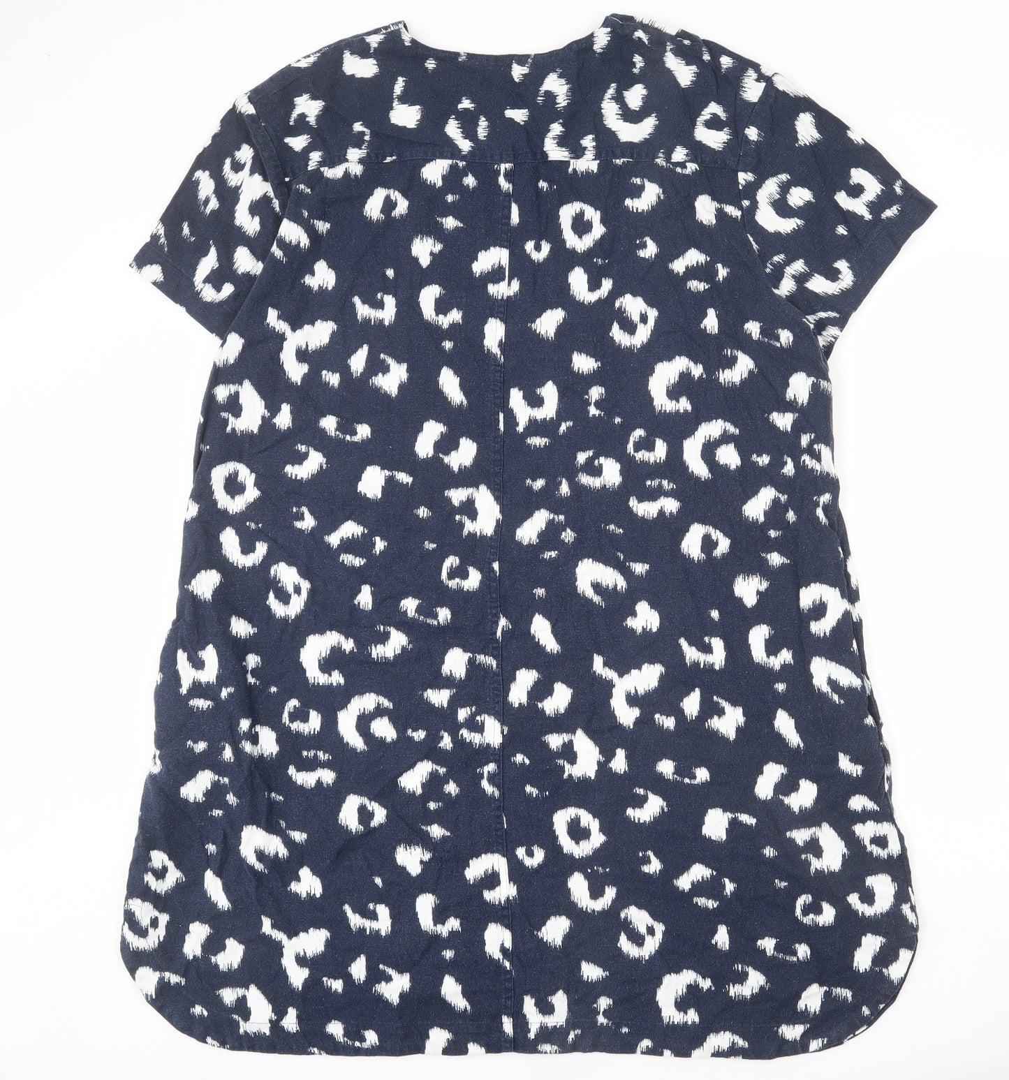 Marks and Spencer Womens Blue Animal Print Linen A-Line Size 22 V-Neck Pullover - Side Slits, Leopard Print