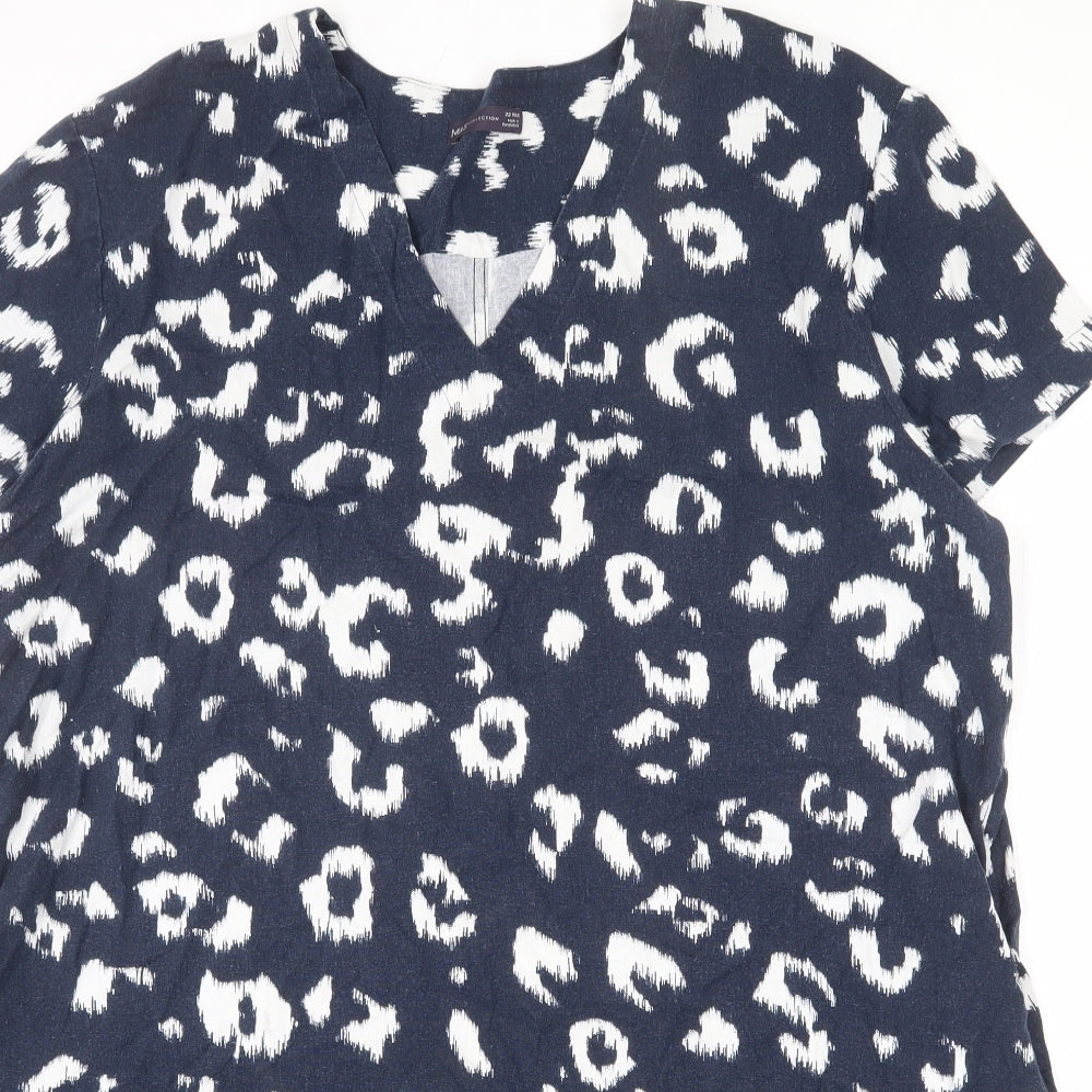Marks and Spencer Womens Blue Animal Print Linen A-Line Size 22 V-Neck Pullover - Side Slits, Leopard Print