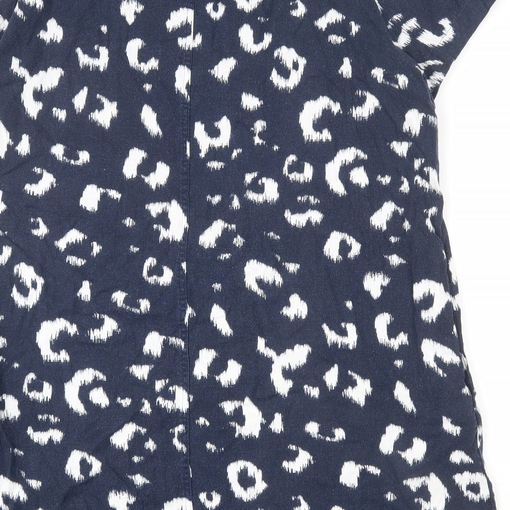 Marks and Spencer Womens Blue Animal Print Linen A-Line Size 22 V-Neck Pullover - Side Slits, Leopard Print
