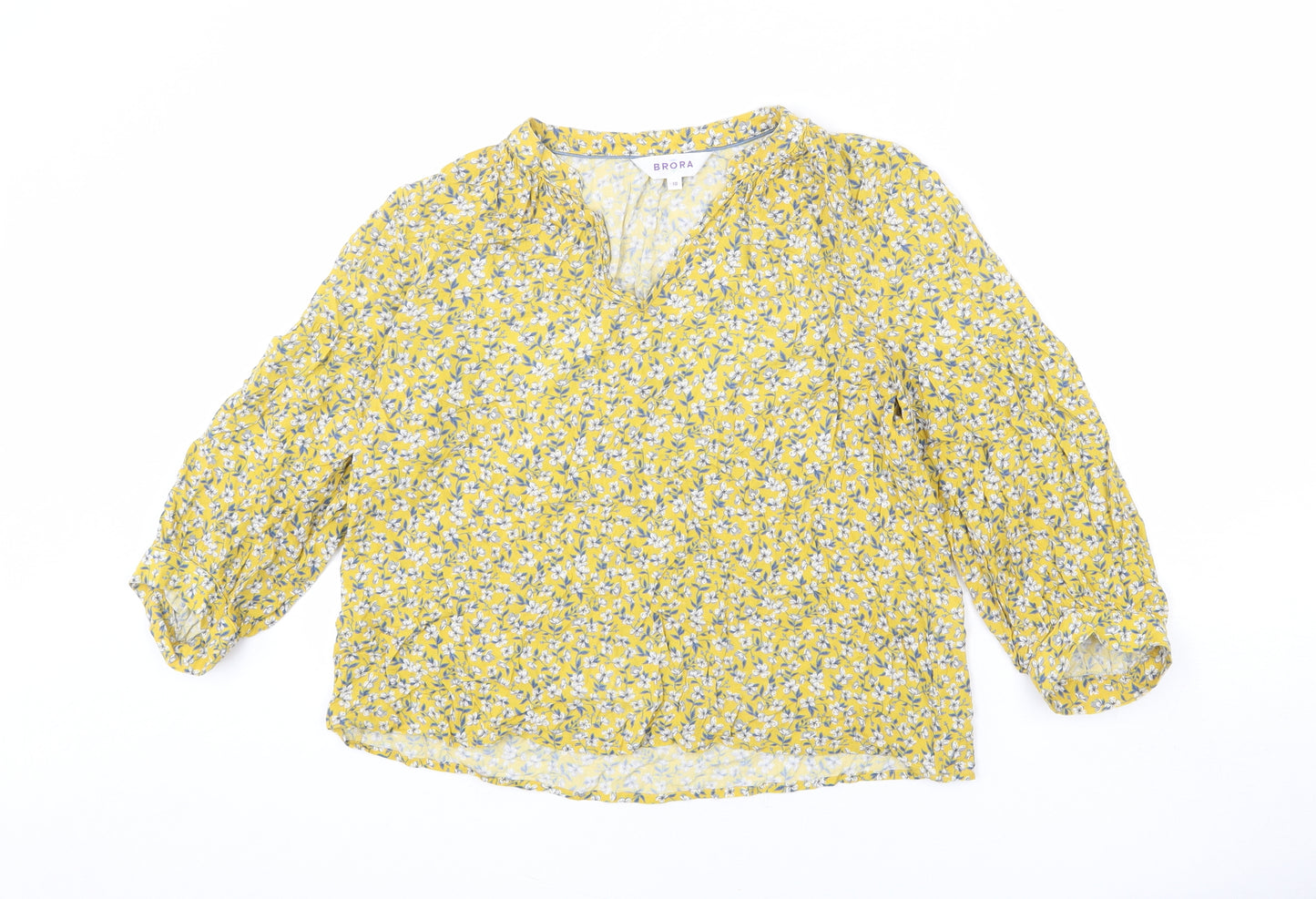 Brora Womens Yellow Floral Viscose Basic Blouse Size 10 V-Neck