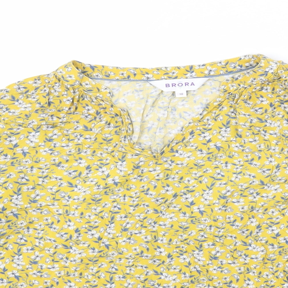 Brora Womens Yellow Floral Viscose Basic Blouse Size 10 V-Neck