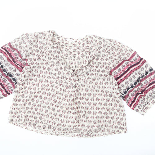 Per Una Womens Beige Floral 100% Cotton Basic Blouse Size S V-Neck - Geometric Detailing