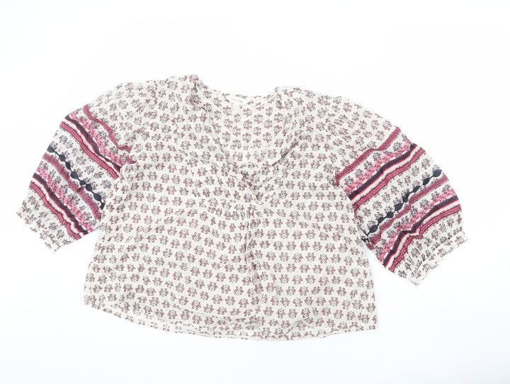 Per Una Womens Beige Floral 100% Cotton Basic Blouse Size S V-Neck - Geometric Detailing