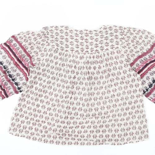 Per Una Womens Beige Floral 100% Cotton Basic Blouse Size S V-Neck - Geometric Detailing