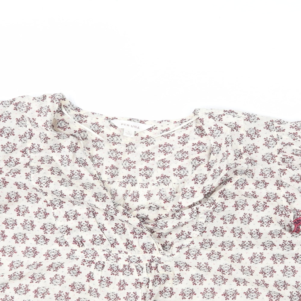 Per Una Womens Beige Floral 100% Cotton Basic Blouse Size S V-Neck - Geometric Detailing