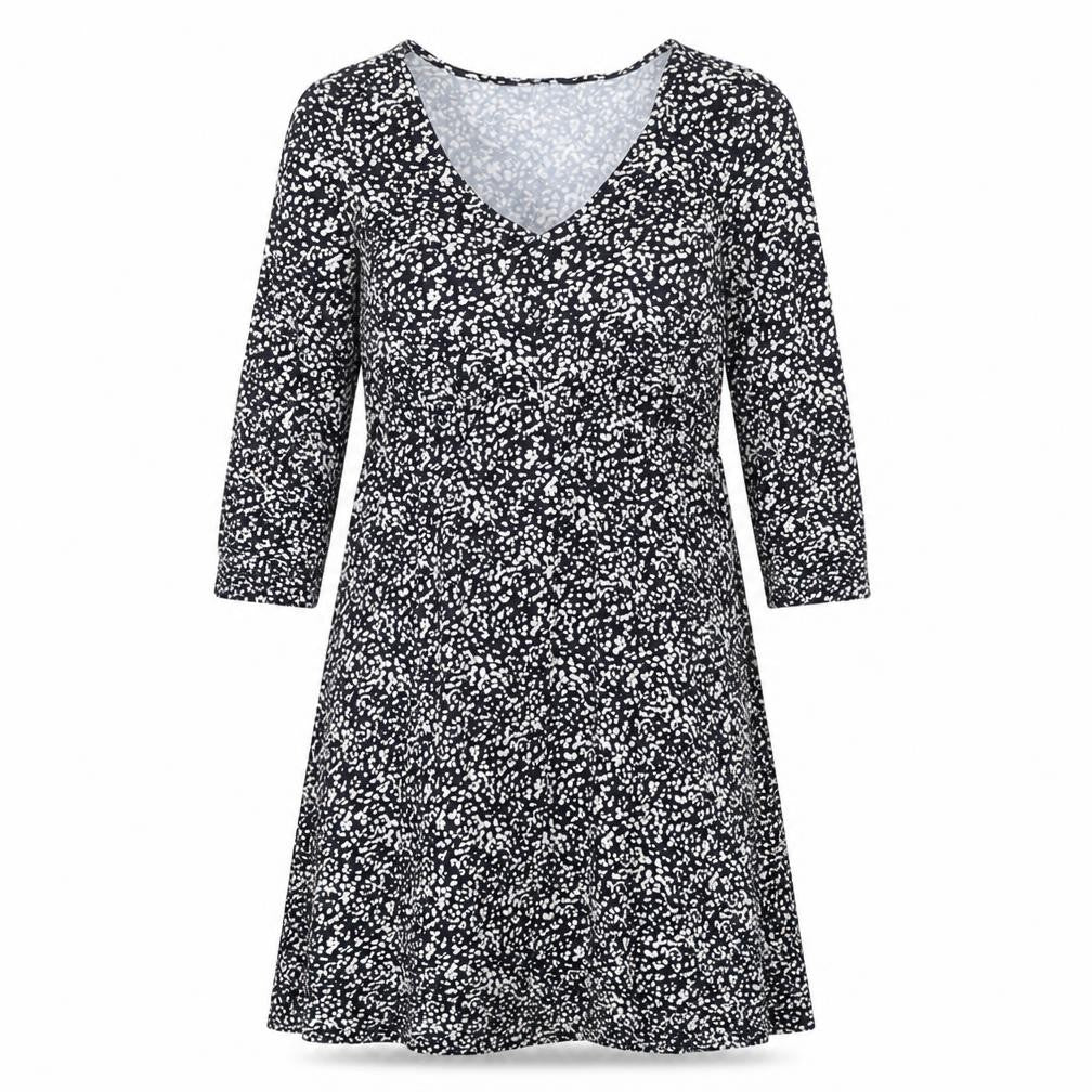 Front view of Marks & Spencer women’s multicoloured geometric viscose a-line, size UK 6, v-neck pullover - elastic waist