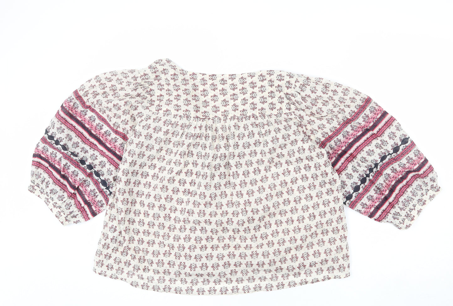 Per Una Womens Beige Floral Cotton Basic Blouse Size M V-Neck - Geometric Detailing