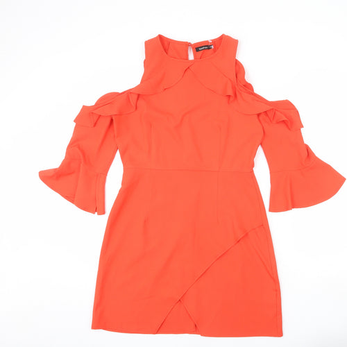 Boohoo Womens Orange Polyester A-Line Size 12 Round Neck Zip - Layered Ruffle Effect