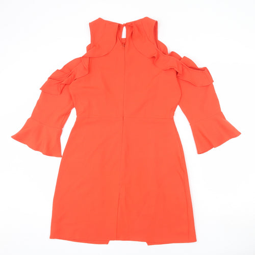 Boohoo Womens Orange Polyester A-Line Size 12 Round Neck Zip - Layered Ruffle Effect
