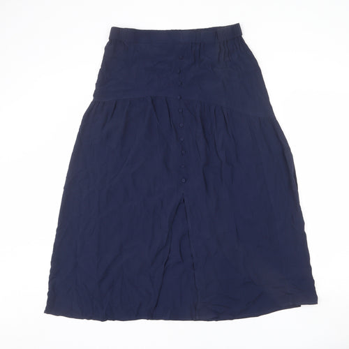 Marks and Spencer Womens Blue Viscose A-Line Skirt Size 12 - Front Slit, Button Detail