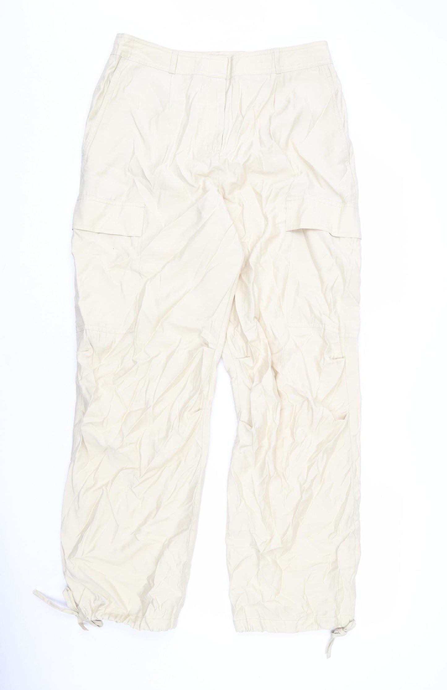 Marks and Spencer Womens Beige Modal Cargo Trousers Size 14 L30 in Regular Zip - Adjustable Hems, Long Length