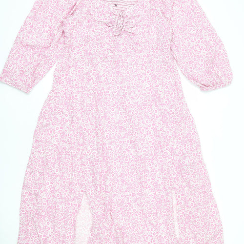 Marks and Spencer Womens Pink Floral Viscose A-Line Size 18 V-Neck Zip - Front Slits
