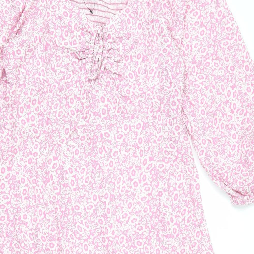 Marks and Spencer Womens Pink Floral Viscose A-Line Size 18 V-Neck Zip - Front Slits