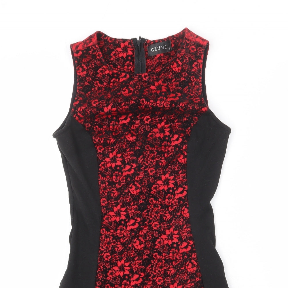 Club L Womens Red Floral Polyester Skater Dress Size 8 Round Neck Zip