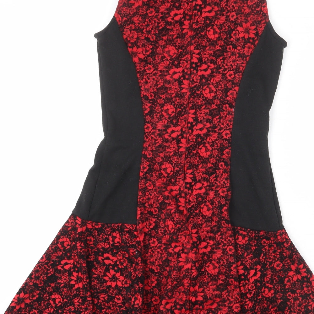 Club L Womens Red Floral Polyester Skater Dress Size 8 Round Neck Zip