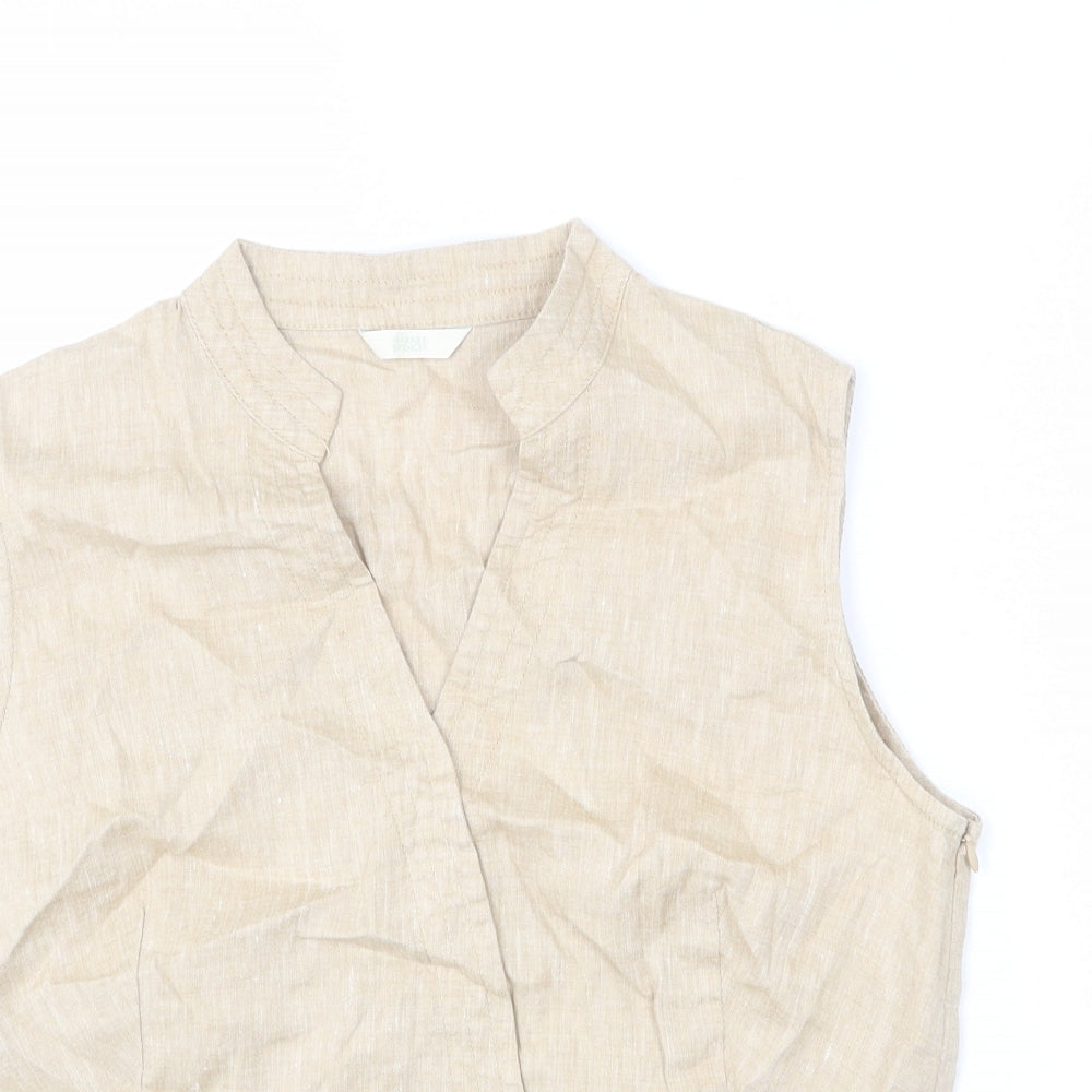 Marks and Spencer Womens Beige Linen Basic Blouse Size 14 V-Neck - Tank