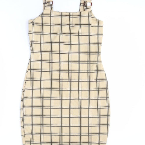 Select Womens Beige Plaid Polyester Bodycon Size 8 Square Neck Pullover