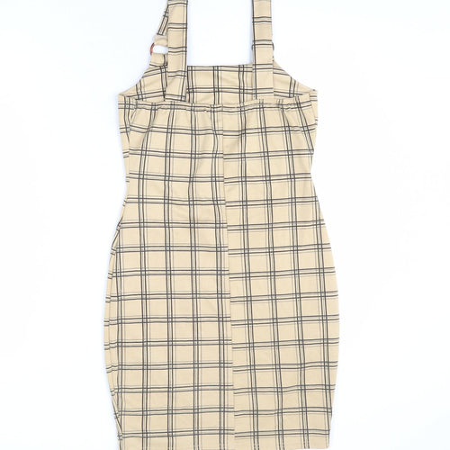 Select Womens Beige Plaid Polyester Bodycon Size 8 Square Neck Pullover
