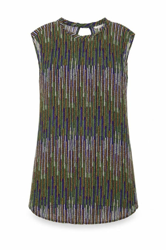 Front view of H&M women’s multicoloured geometric viscose sheath, size UK 12, round neck pullover - keyhole cut out