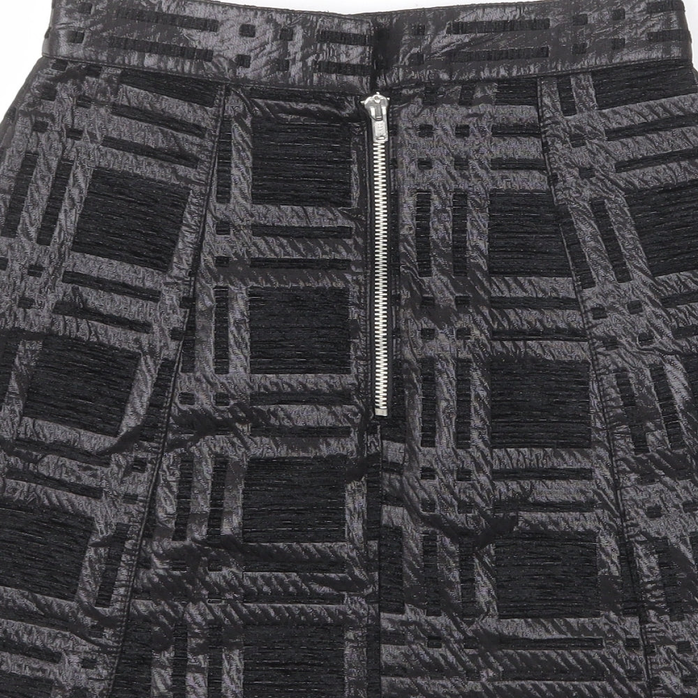 H&M Womens Black Plaid Polyester A-Line Skirt Size 8 Zip