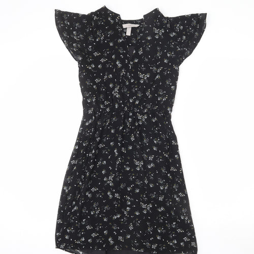 H&M Womens Black Floral Polyester A-Line Size 4 V-Neck Pullover - Tie Detail