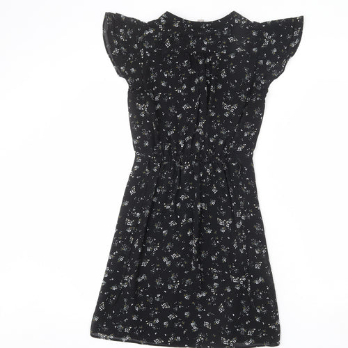 H&M Womens Black Floral Polyester A-Line Size 4 V-Neck Pullover - Tie Detail