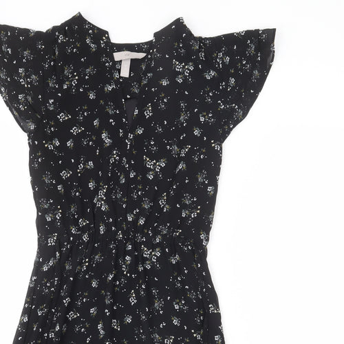 H&M Womens Black Floral Polyester A-Line Size 4 V-Neck Pullover - Tie Detail