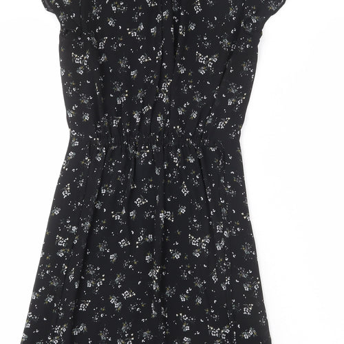 H&M Womens Black Floral Polyester A-Line Size 4 V-Neck Pullover - Tie Detail
