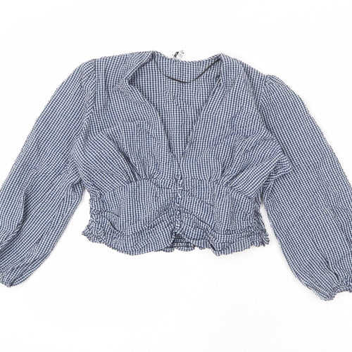 Zara Womens Black Check Cotton Cropped Blouse Size M V-Neck