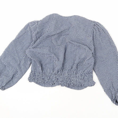 Zara Womens Black Check Cotton Cropped Blouse Size M V-Neck