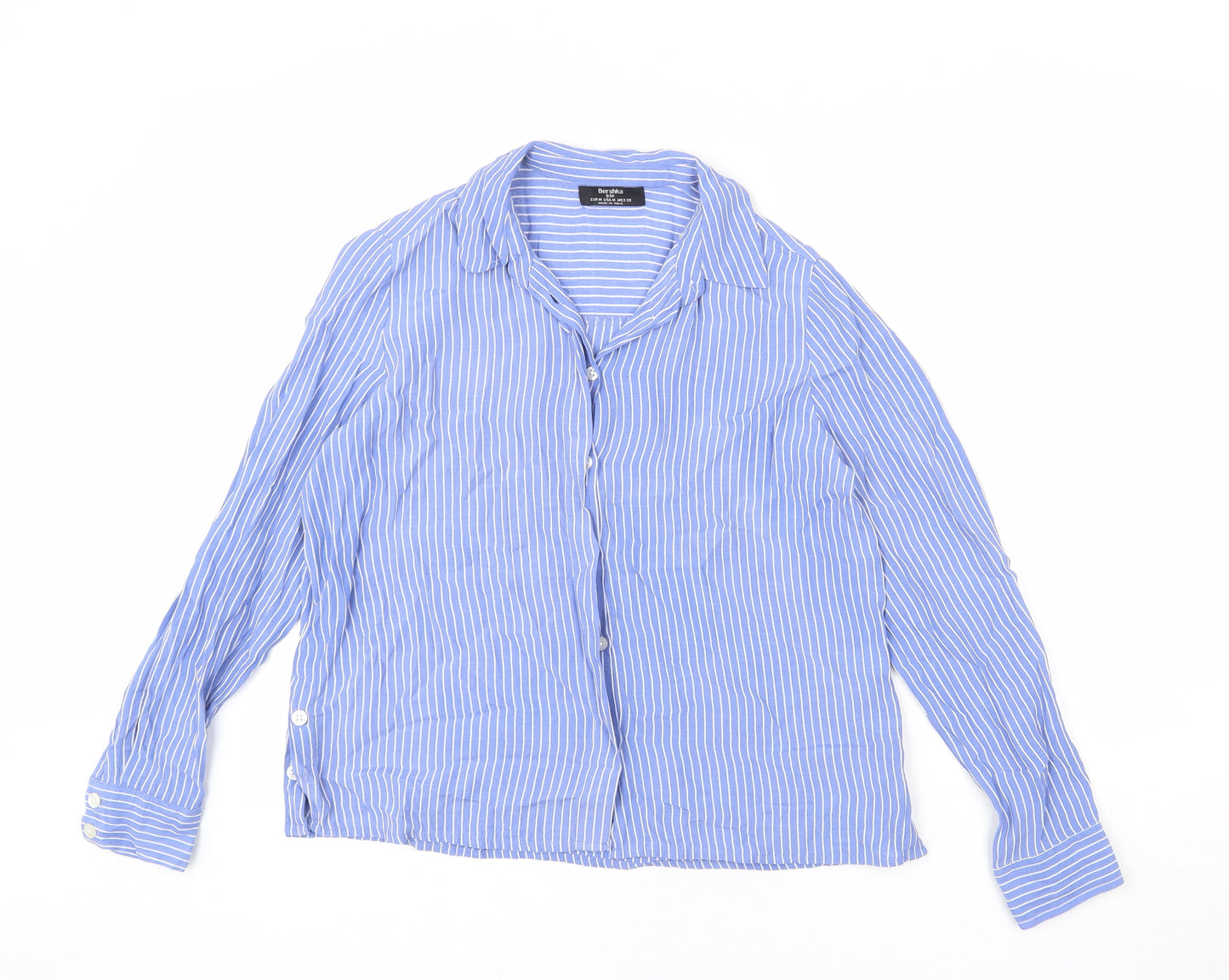 Bershka Womens Blue Striped Viscose Basic Button-Up Size M Collared