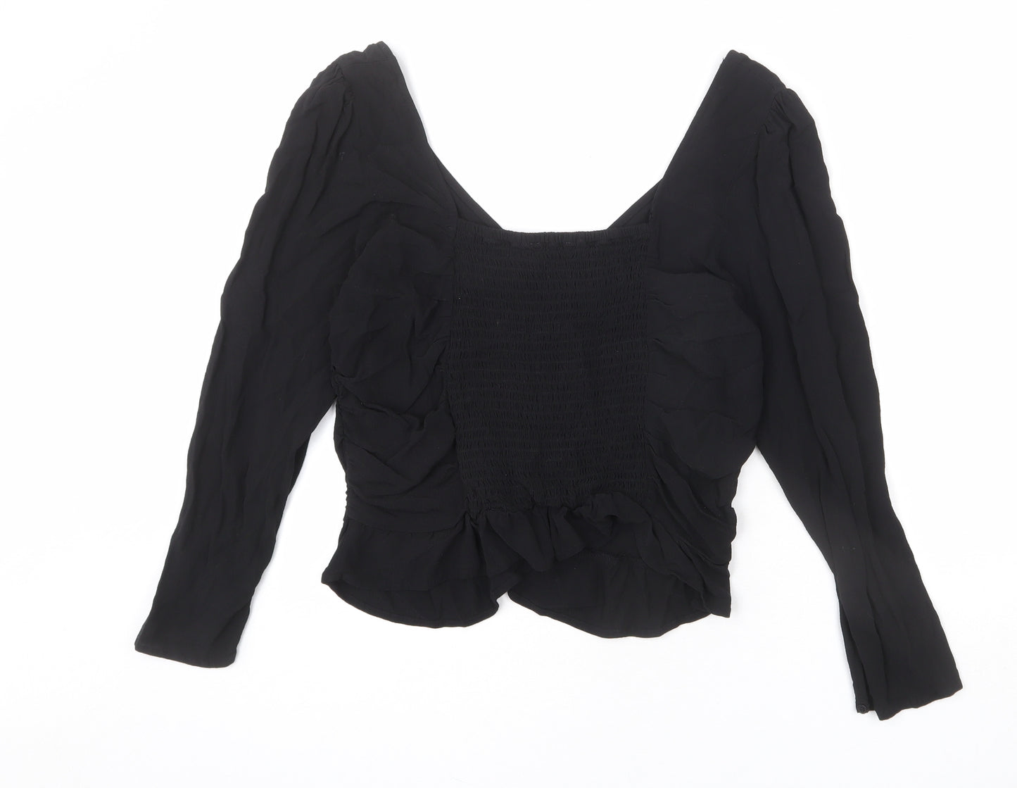 H&M Womens Black Viscose Basic Blouse Size L V-Neck - Shirred Back