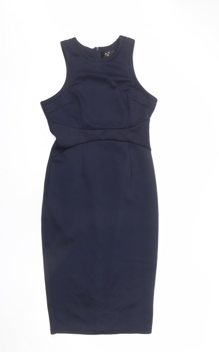 AX Paris Womens Blue Polyester Pencil Dress Size 12 Round Neck Zip - Pleats