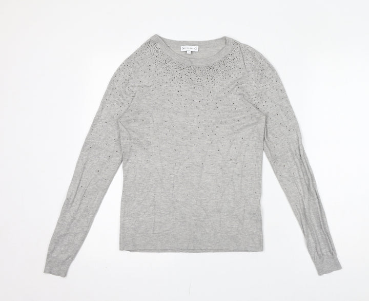 Warehouse Womens Grey Polyamide Jersey T-Shirt Size 10 Boat Neck - Gem Embellishments