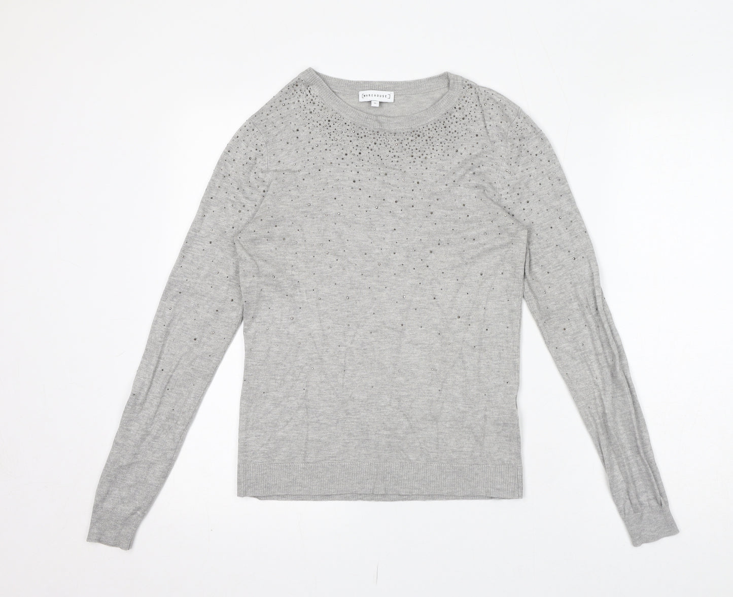 Warehouse Womens Grey Polyamide Jersey T-Shirt Size 10 Boat Neck - Gem Embellishments