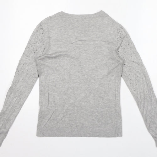 Warehouse Womens Grey Polyamide Jersey T-Shirt Size 10 Boat Neck - Gem Embellishments