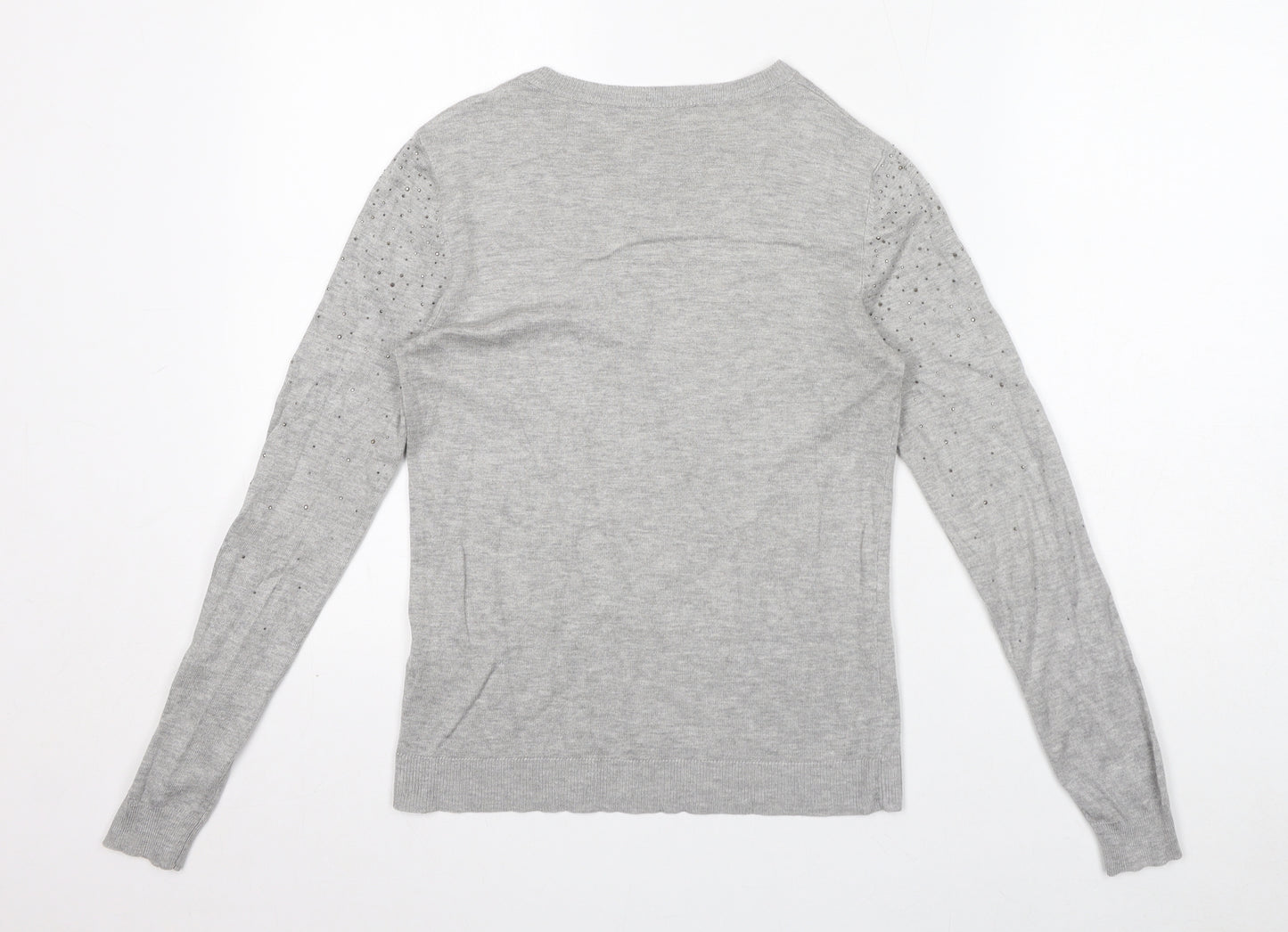 Warehouse Womens Grey Polyamide Jersey T-Shirt Size 10 Boat Neck - Gem Embellishments