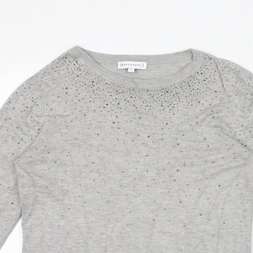 Warehouse Womens Grey Polyamide Jersey T-Shirt Size 10 Boat Neck - Gem Embellishments