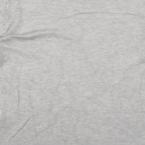 Warehouse Womens Grey Polyamide Jersey T-Shirt Size 10 Boat Neck - Gem Embellishments
